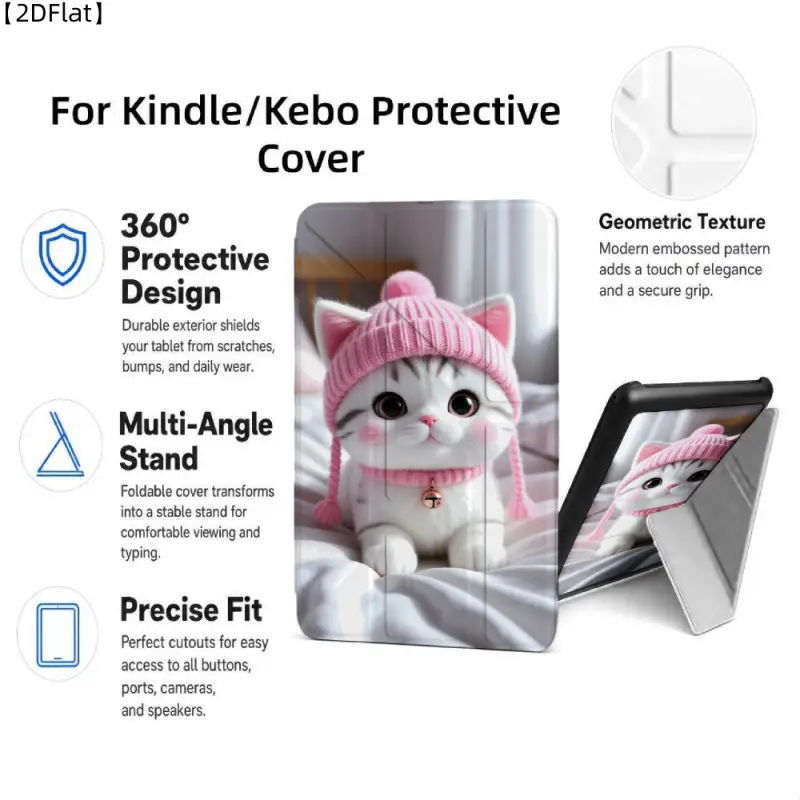 For Kindle/Kobo/Tolino Case, with stand Cute Cat With Pink Hat for New Kindle 11Th 2019, for Kindle 11th Generation Case for Kindle 11Th (2022/2024), 6-Inch, 7-Inch Kindle Paperwhite 12Th Generation 2024 Vision Color (2024) /Vision 6 (2021）/Shine Color (2