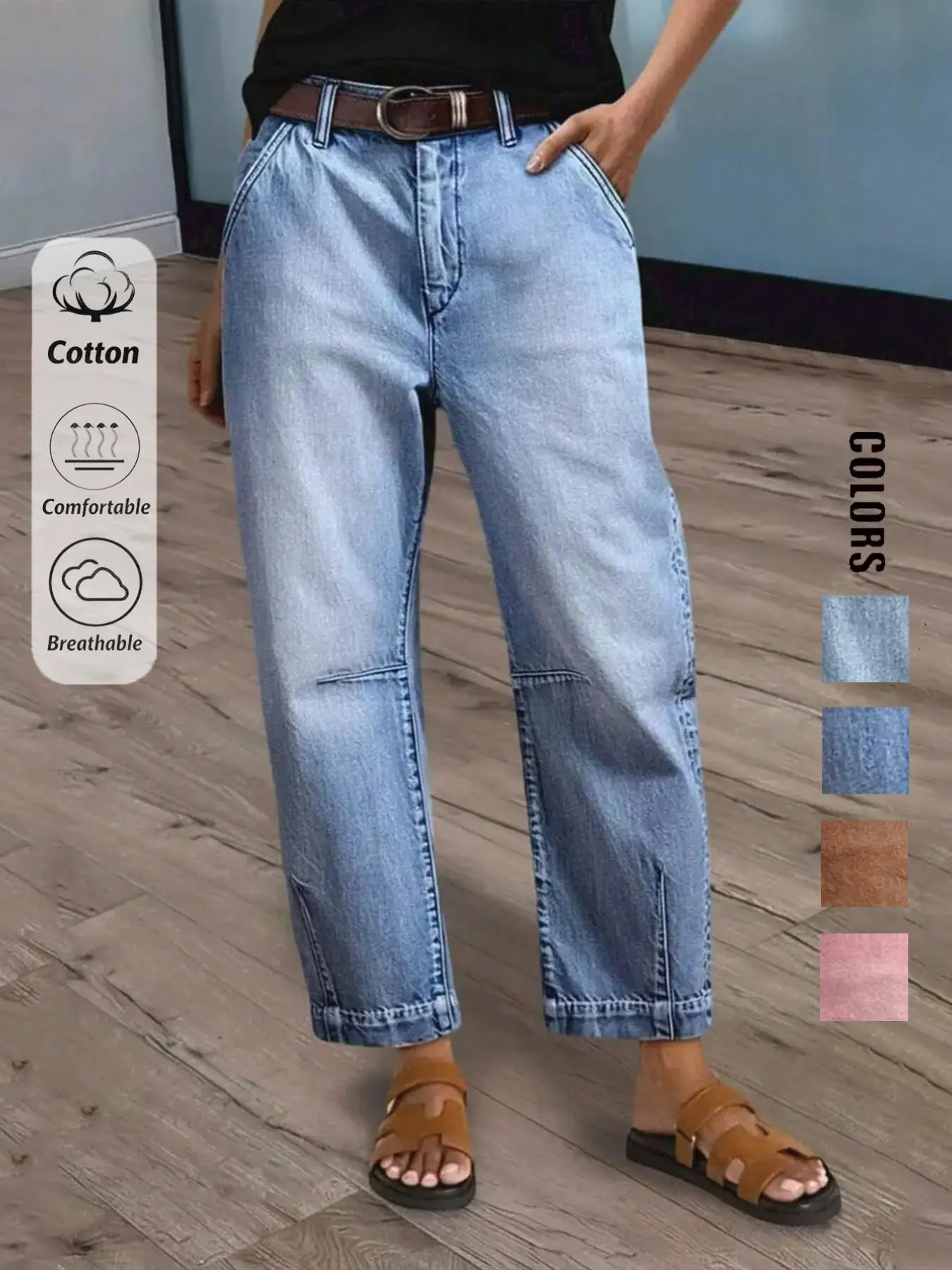 Women's Casual Elegant Light-Washed Tapered Jeans with Pockets, Pleated Details & Button Closure, Slim-Fit Plain Denim Pants, All-Season Essential, Fashionable Ladies' Clothing