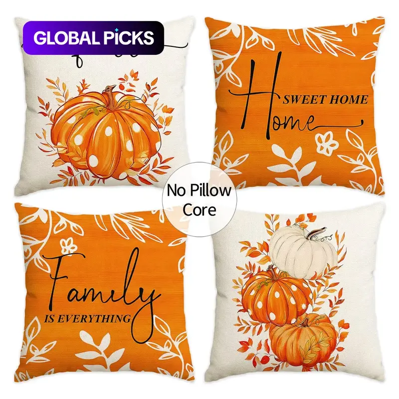 4pcs Fall Thanksgiving Throw Pillow Covers, 18 x 18 Inches, Sweet Home, Family, Pumpkin and Botanical Prints, Farmhouse-Style Decorative Cushion Covers for Sofa, Living Room and Dining Room Holiday Decor, Pillow Inserts Not Included #GLOBAL PICKS