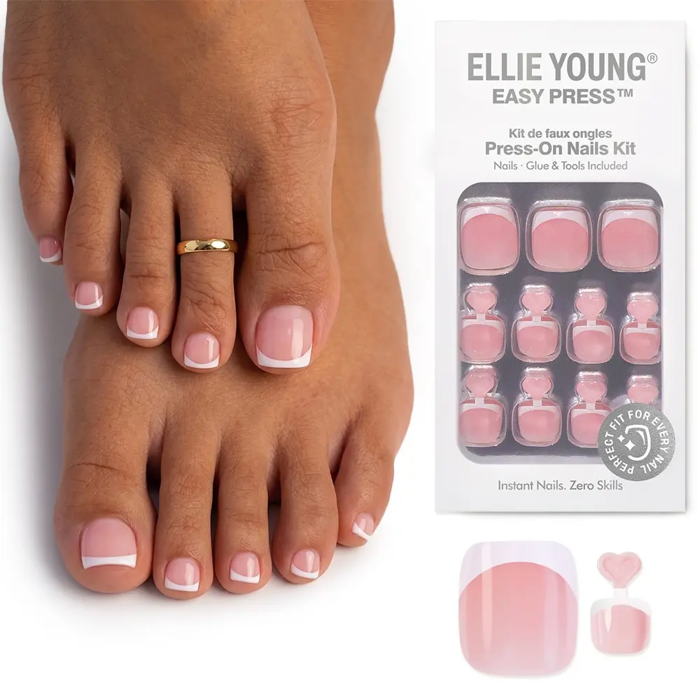 ELLIE YOUNG Timeless French Press On Toe Nails, False Nail, Short Square Waterproof Reusable Toenails with Glue Kit, 32PCS in 16 Sizes for Summer, Beach & Daily Wear