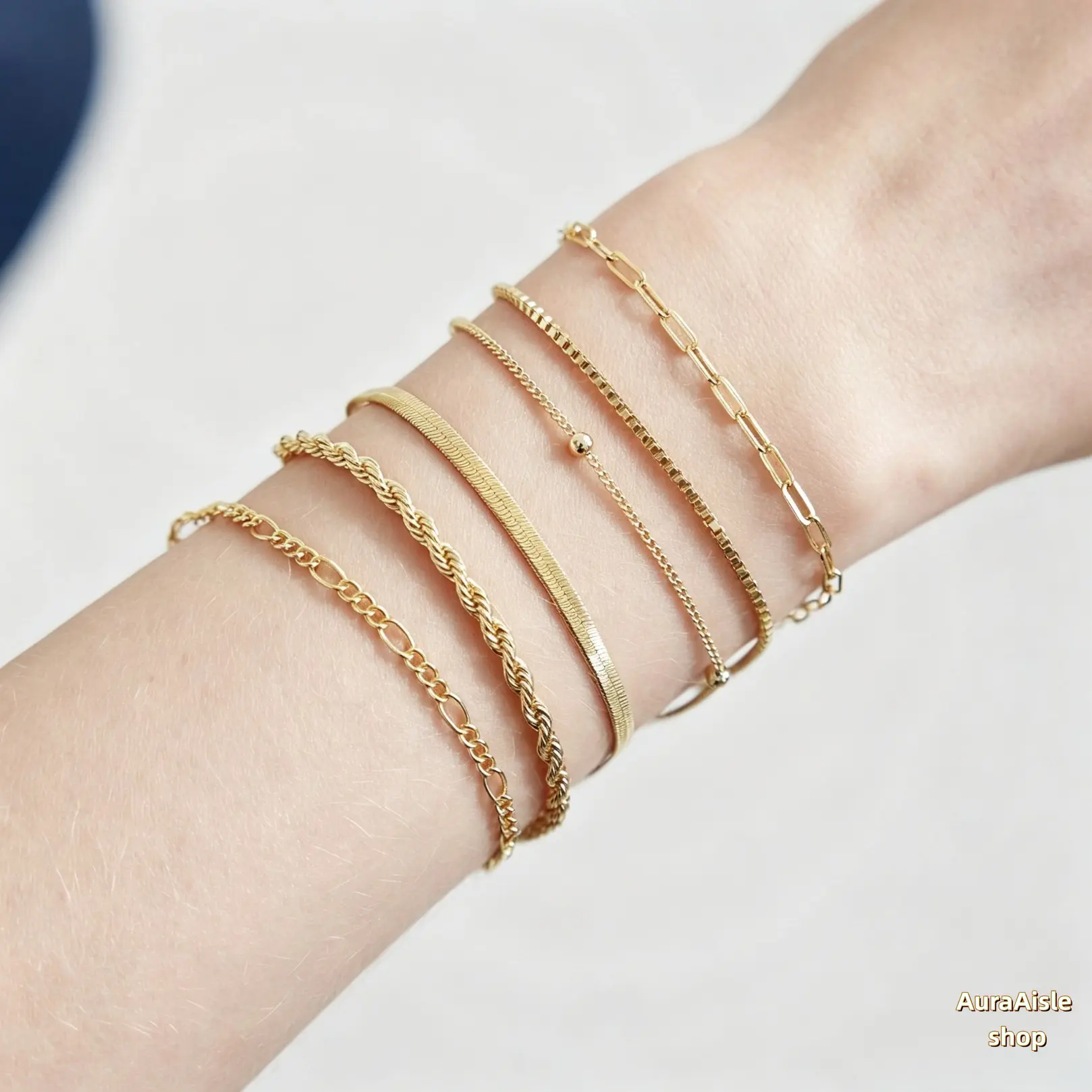 14K Gold Plated Waterproof Stackable Bracelet Set, Dainty Thin Paperclip Cuban Herringbone Chain Layered Wrist Jewelry, Trendy Minimalist Accessories for Summer Beach Vacation & Daily Casual Outfits