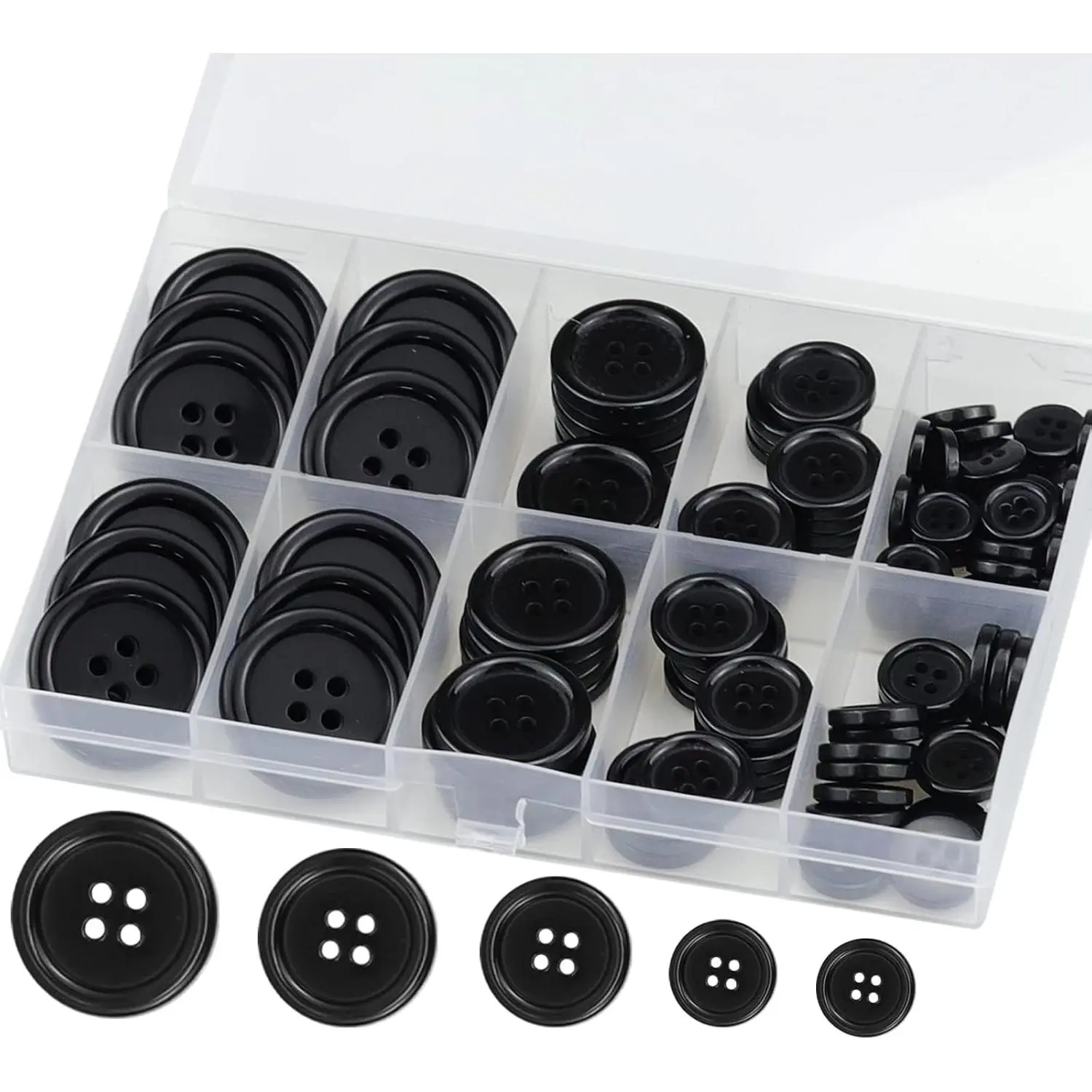100 count  Black Round  4-Hole Sewing Buttons, 5 Sizes Button Set | Shatterproof, fade & scratch resistant buttons with storage box.  for garments, DIY crafts, knitting and holiday decor