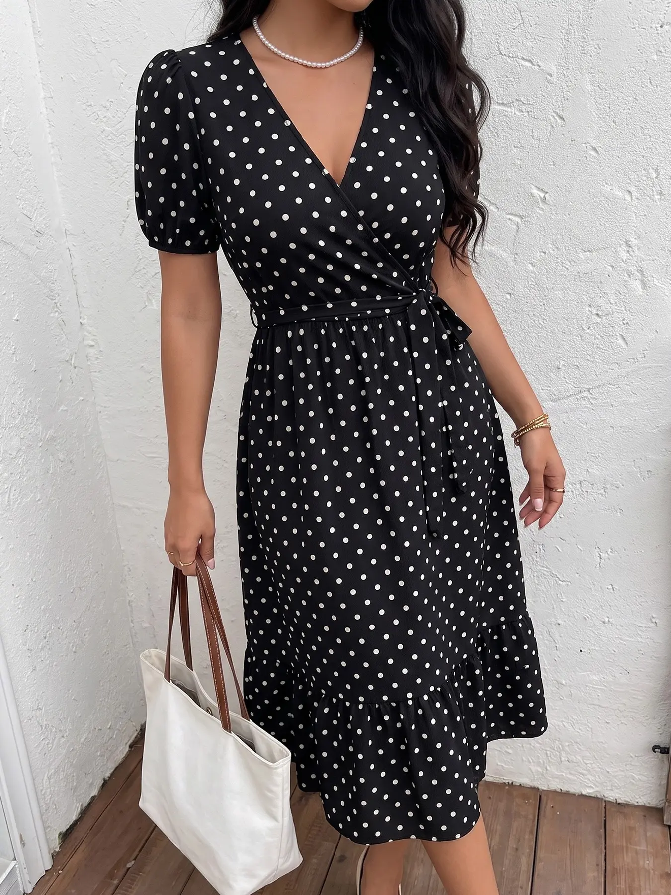 Vintage French Aesthetic Deep V Wrap Polka Dot Midi Dress Women Self Tie Waist Flowy Ruffle Hem Puff Sleeve Casual Dress For Instagram Beach Holiday Street Selfie Outfits Casual Wear