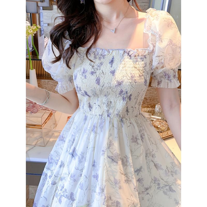 Women'S Mid Length Floral Dress With Fashionable Waist, Slim Square Collar, Cute Bubble Sleeves, High Waisted Skirt For Spring And Summer Women's Elegant Loose Midi Flowery Backless Mini white  dress  girl