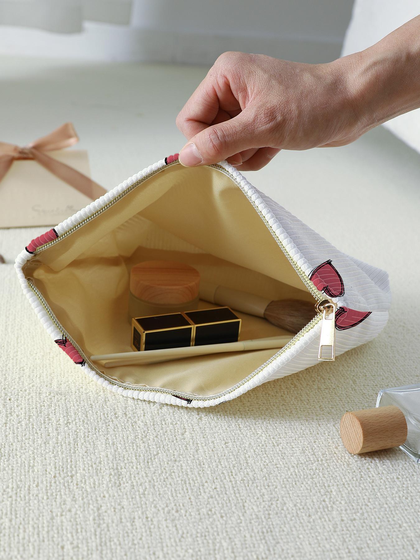 Cute Heart Pattern Makeup Bag, Multifunctional Large Capacity Cosmetic Storage Bag, Cosmetic Pouch, Handheld Cosmetic Pouch, Casual Versatile Zipper Corduroy Makeup Bag for Travel & Daily Use, Valentine's Day, Gift