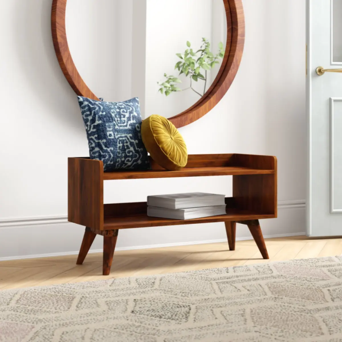 Chestnut Brown Solid Wood Modern Nordic Storage Bench - Clean Lines, Functional, Chic, Customizable Open Shelves, 35.43x13.39x17.72in for Primary Living Space Contemporary Home Decor, Functional And Chic