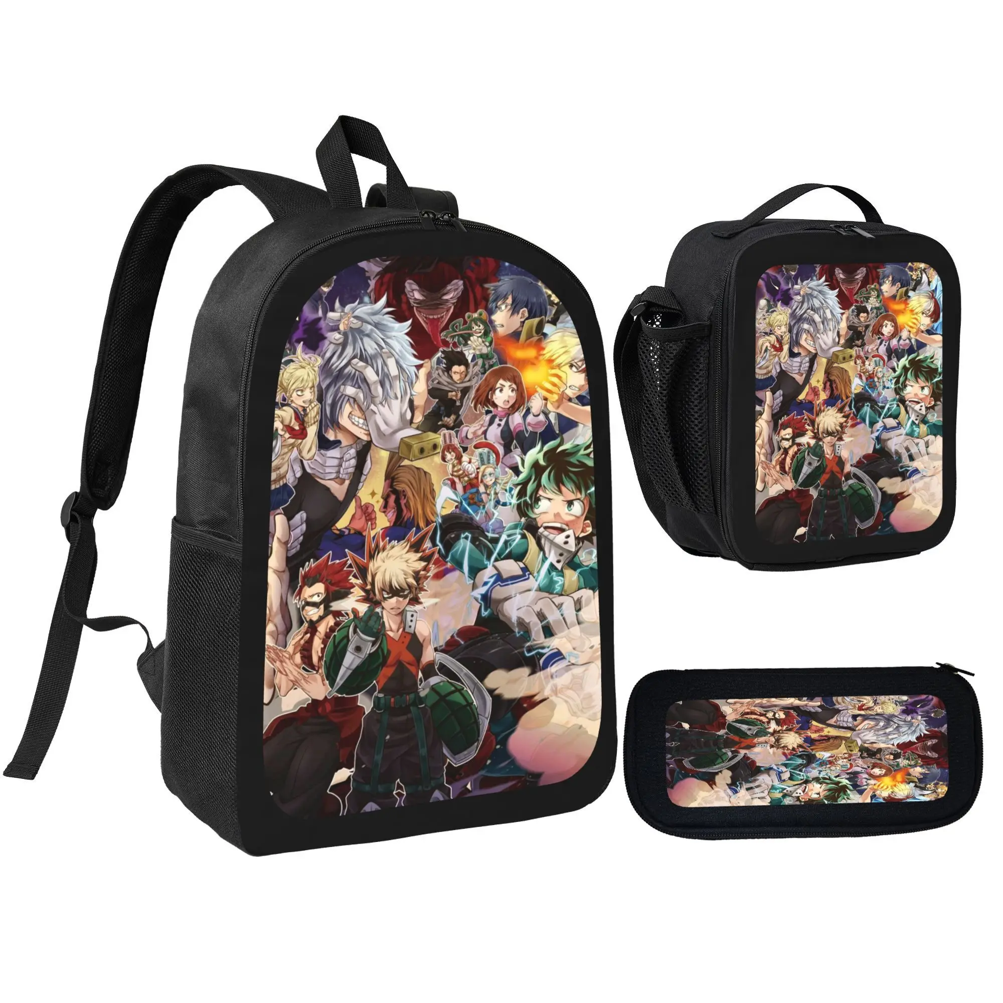 3Pcs Unisex backpack with lunch bag and pencil box, Anime my hero academia Print backpack set for kids teens, school bag for girls boys, Casual, Daily Commuting, and Sports Essentials, Perfect Gift