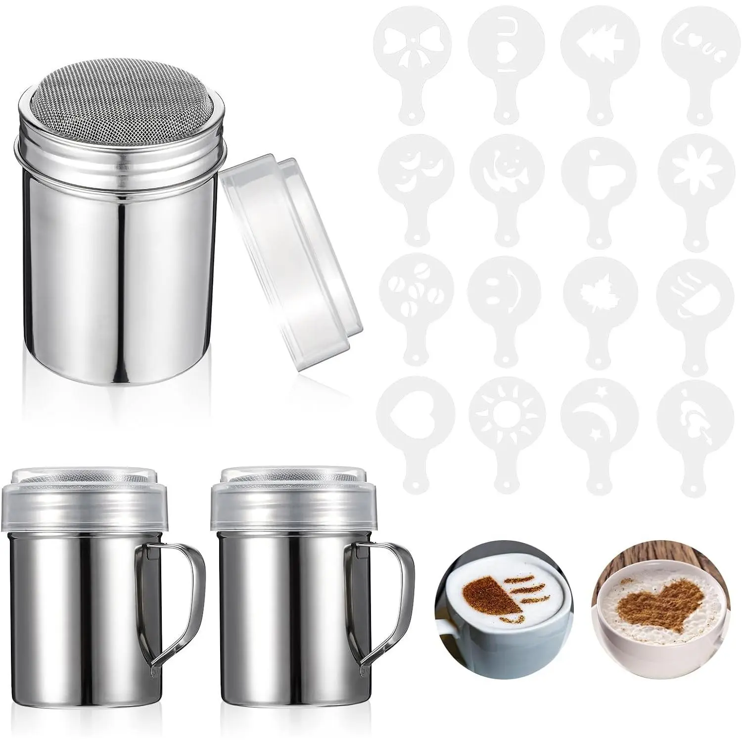 Coffee Decoration Stencils Latte Art Template Coffee Mold Tool with 3 Stainless Steel Shaker and 16 Pieces Stencils Latte Art for Cake Cookie Decorating Oatmeal Cappuccino Hot Chocolate