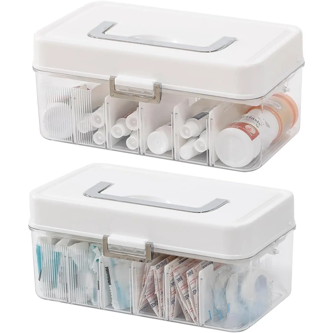 2 Pack Clear Bandages Organizer Container with Handle, Plastic Bandage and Tapes Storage Box for Bathroom Medicine Cabinet, First Aid, Personal Care, Strip, Ointments Holder