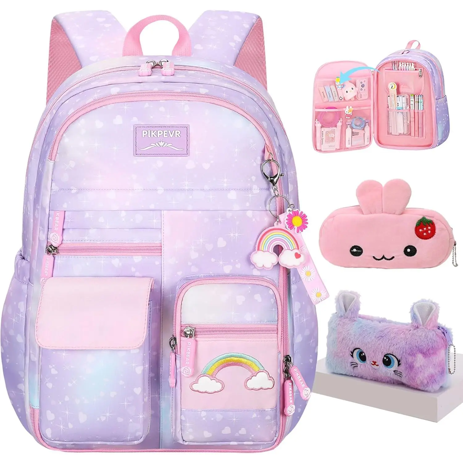 Rainbow Backpack For Girls Kids,Cute Student School Backpack With Pen Bag,Aesthetic Starry Rainbow Laptop Travel Bag