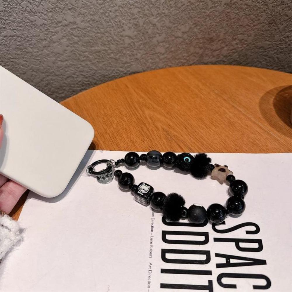 Premium Black Plush Cat Phone Charm, Portable Beaded Wristlet Chain, Cute Cat Keychain for Car Keys & Bags, Trendy All-Match Birthday & Party Gift