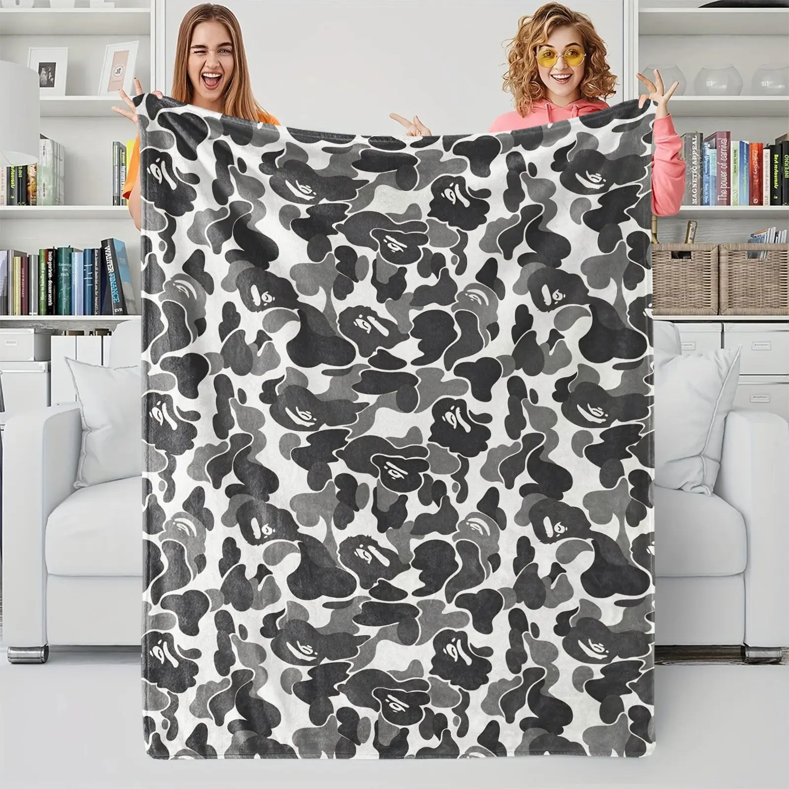 Black-White Classic Camouflage Cartoon Ape Shadow Flannel Blanket-Soft Plush Lightweight Durable-For Bed Tail, Office Nap Mat, Car Protable Blanket, Sofa Shawl Throw, Air-conditioned room Cover & Home Decor Flannel Printed Blanket