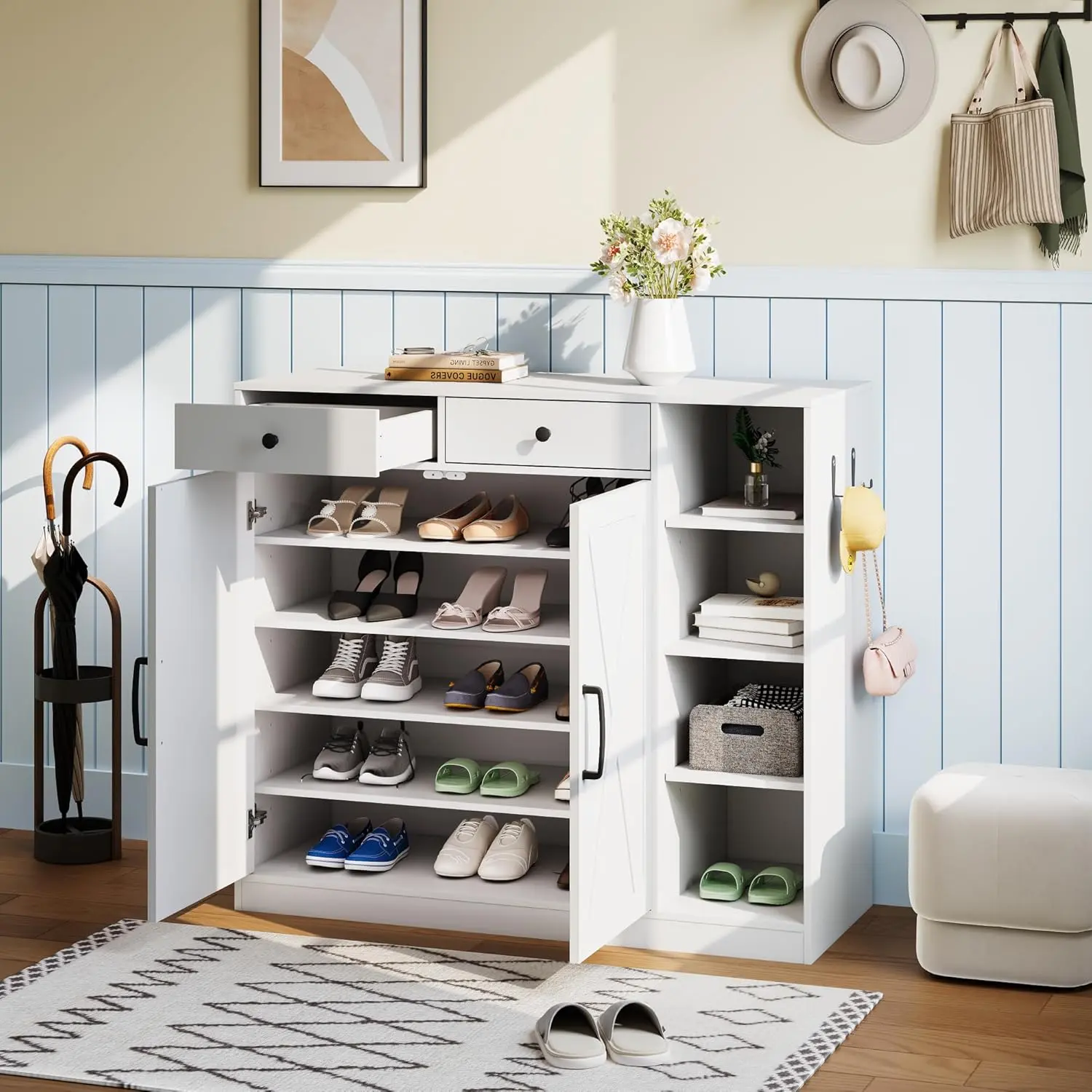 Farmhouse Entryway Storage – 6 Adjustable Shelves & 2 Drawers – Narrow Freestanding Shoe Rack for Hallway, Mudroom, Living Room