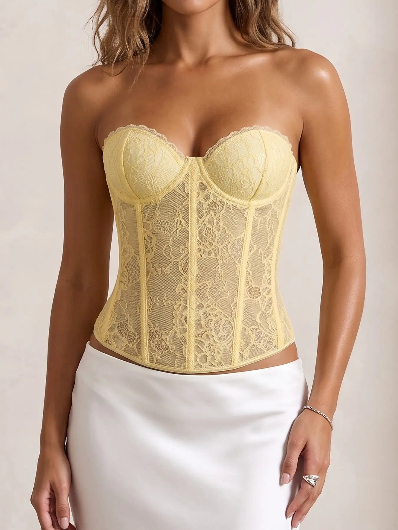 Cream Yellow Soft Lace Boned Bustier Top, Strapless Waist Shaping Push Up Corset, Elegant Women’s Shapewear Top for Date Dinner Daily Layering