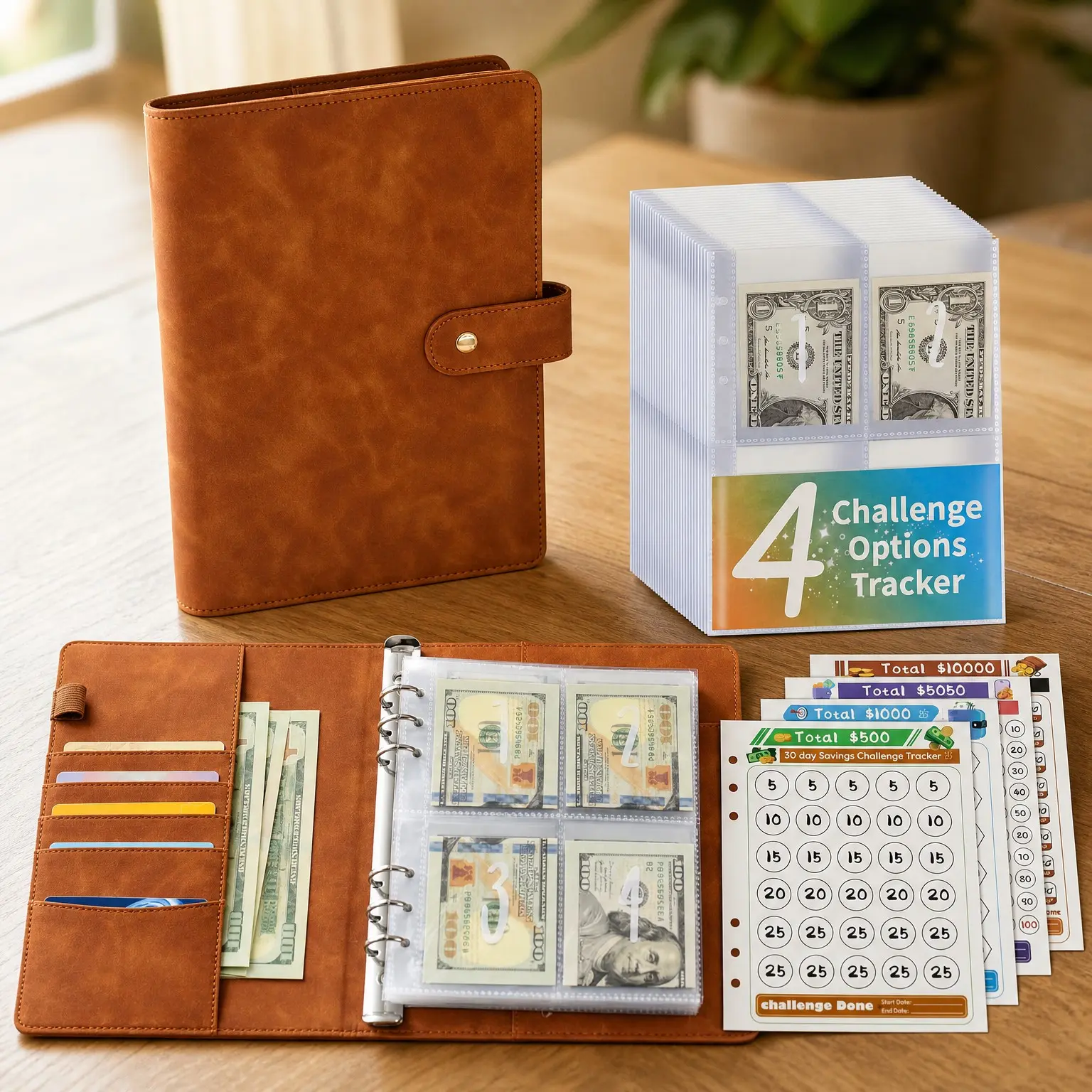 100 Envelopes Money Saving Challenge Binder, A5 Budget Binder with Envelopes and Challenge Tracker, Savings Challenges Planner Book to Save $500, $1000, $5050, $10000, Brown(Gift)
