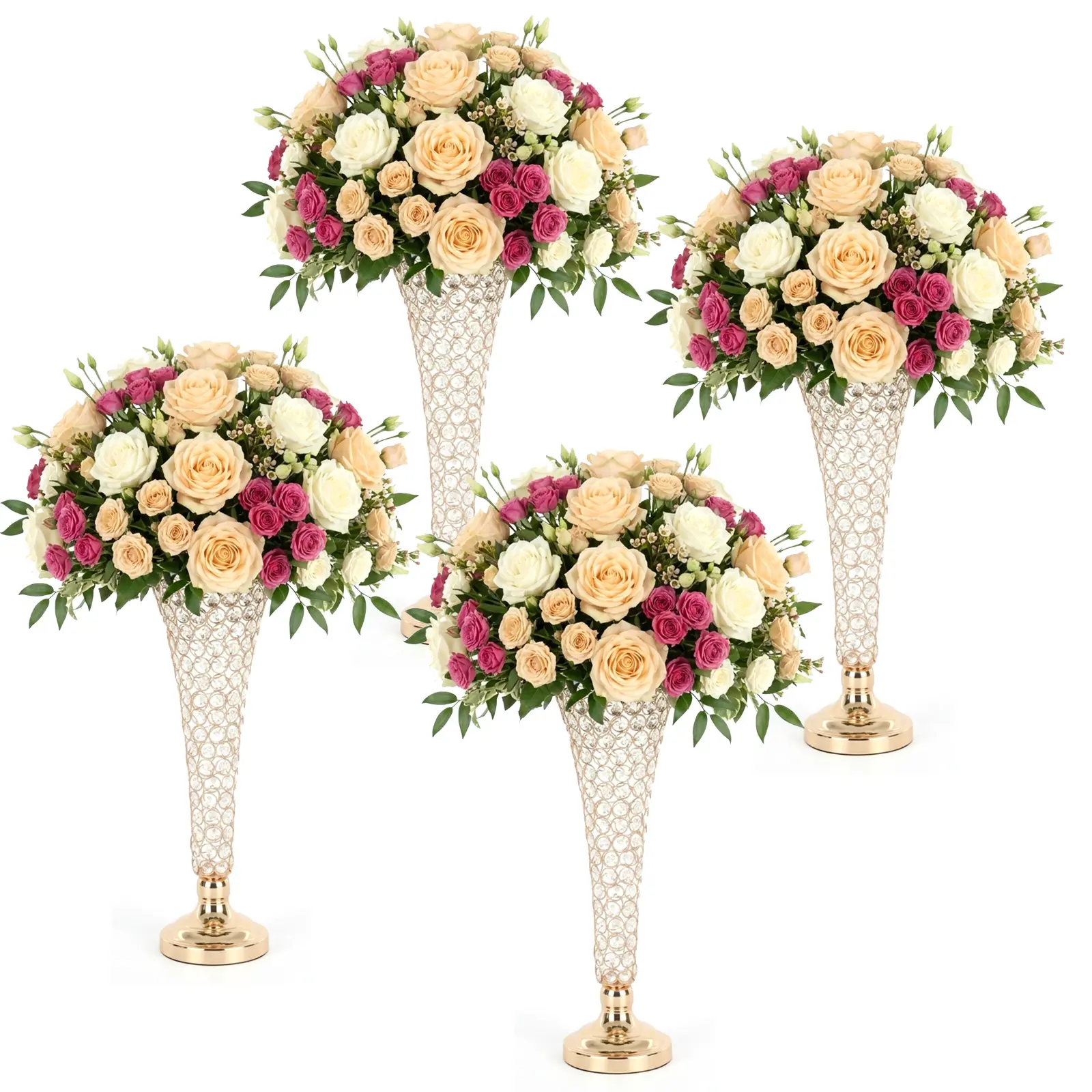 4 Pcs 20 Inch Tall Crystal Wedding Centerpieces for Tables, Metal Trumpet Flower Vase Stand, Elegant Floral Arrangement Holders for Party, Banquet, Event, Home Decor