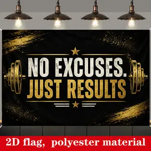 Hot Sale Black Gold Gym Motivation Backdrop | 2D Flat Banner Single-Sided Polyester Fabric | “NO EXCUSES JUST RESULTS” Fitness Poster | Metal Grommets Easy Hanging Gym Wall Decor