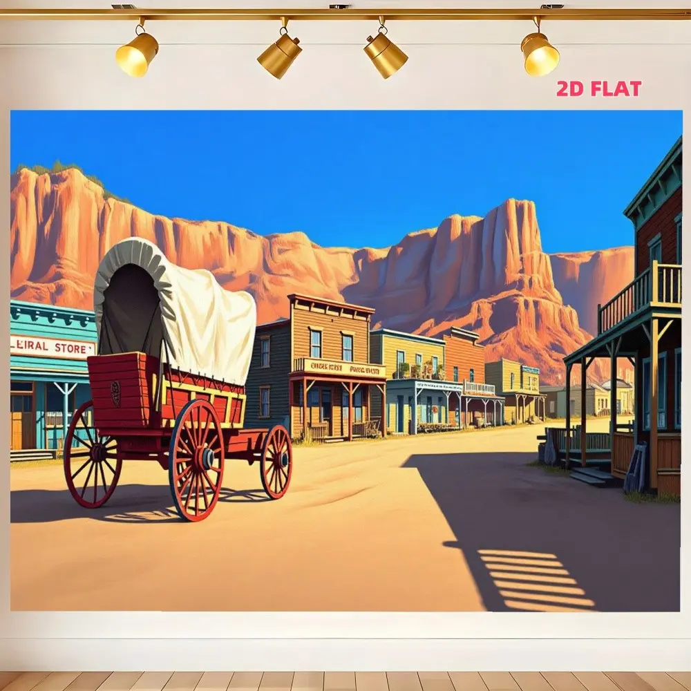 Western Town Retro Scene Banner, Wagon Wooden Building Print, Cowboy Party Background, Outdoor Decor, Polyester, Multiple Sizes