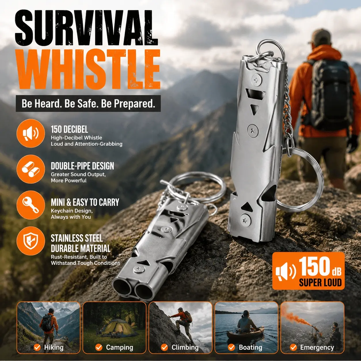 2-Pack Stainless Steel Survival Whistle Keychain, High Decibel Emergency Safety Alert for Outdoor Hiking Camping EDC Gear, Survival Supplies, Rescue Signal Tool, Survival Equipment