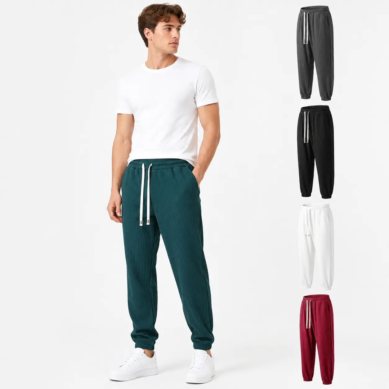 Men's Vertical Ribbed Jogger Pants, Elastic Drawstring Waist Tapered Cuffed Ankle Casual Textured Sweatpants with Side Pockets