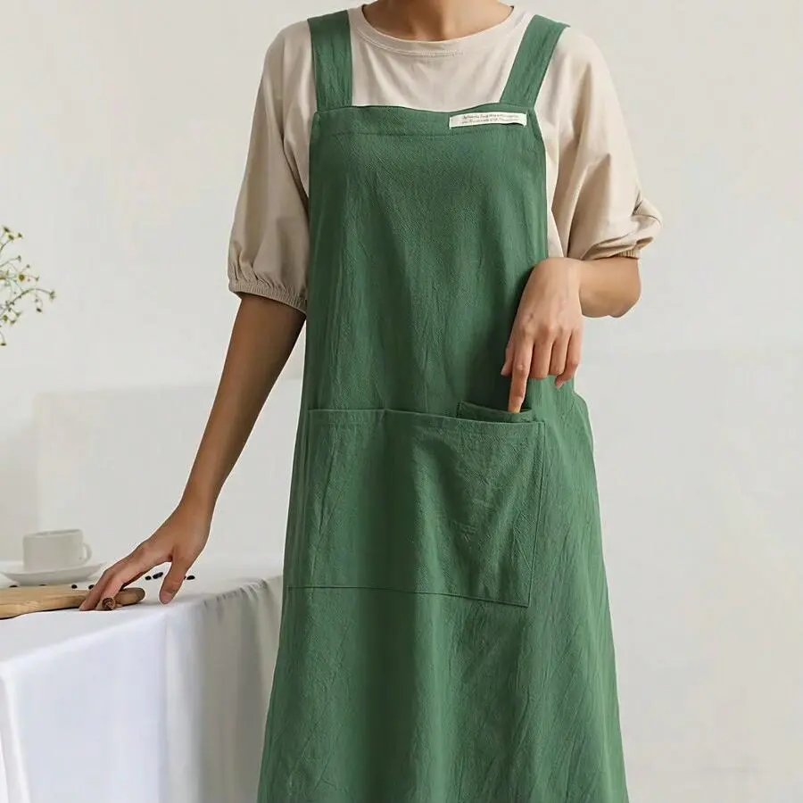 Solid Color Cotton Apron, 1 Count Simple Style Apron with Pocket, Household Kitchen Apron for Home Garden Coffee Shop