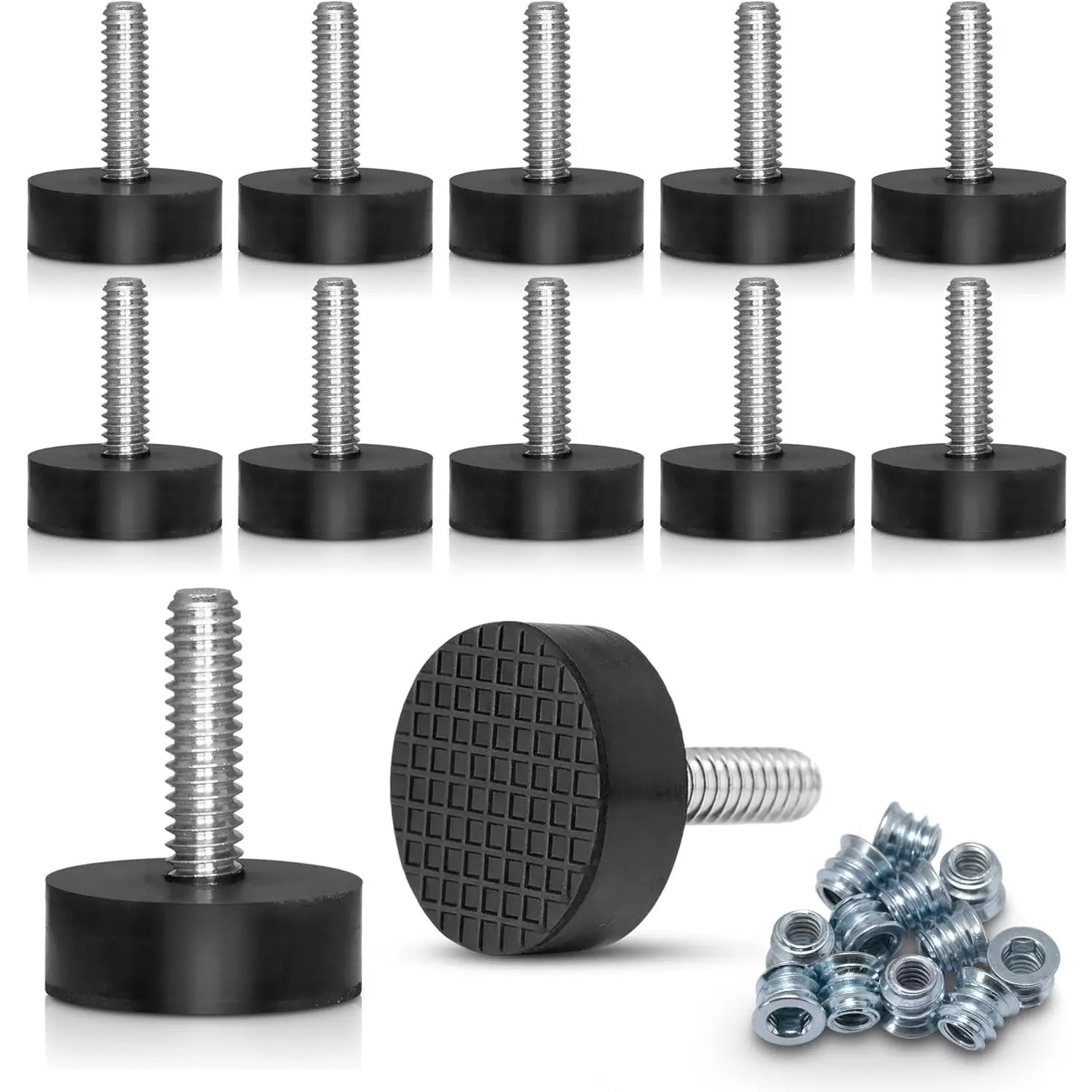 12 Pack 1/4"-20 Rubber Leveling Feet, Adjustable Levelers with Inserts, Solid All-Rubber, 0.35" to 0.85" Adjustable Height, Level Wobbly Table & Chair Legs, Grips Without Scratching