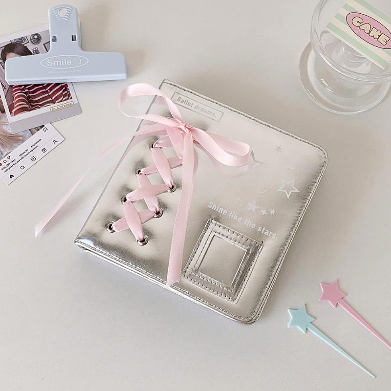 Silver Leather PU Photo Album Ballet Ribbon Photocard Binder 3 Inch Kpop Idol Card Collection Book A5 A7 Photo Albums INS Style