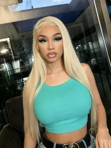 Beige Blonde Long Straight Wig, 13x4 Lace Front Wig, Lace Frontal Wigs, Silky Drapey Long Straight Hair, Pre-Plucked Natural Hairline, Heat-Resistant Synthetic Fiber Wig, HD Transparent Lace Front Wig, for Music Festival Looks, Ideal for Cosplay