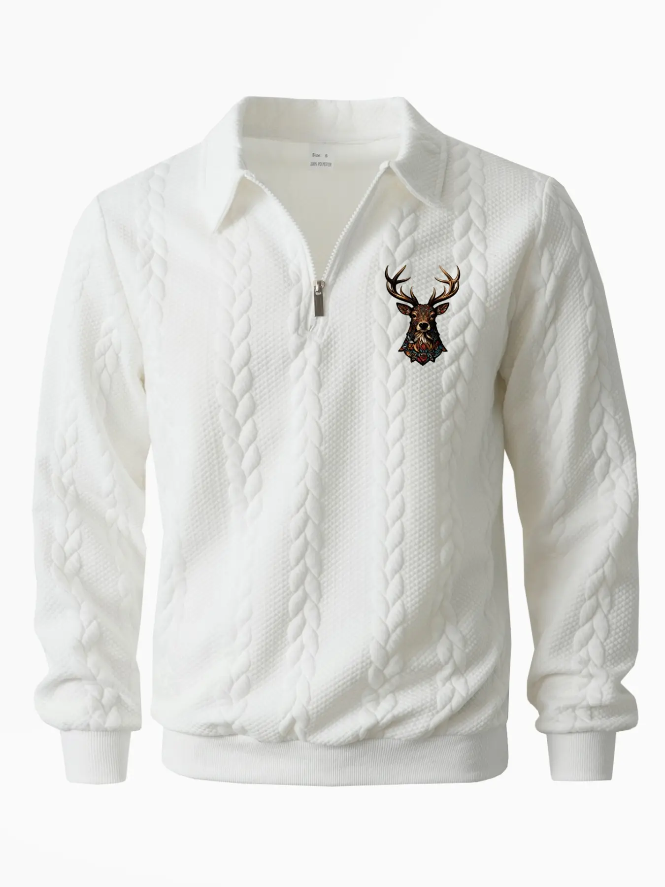 Men's Half-Zip Lapel Sweatshirt, Twisted Rope Texture Pullover, Vintage Reindeer Print Long Sleeve, Fall Winter Christmas Gift