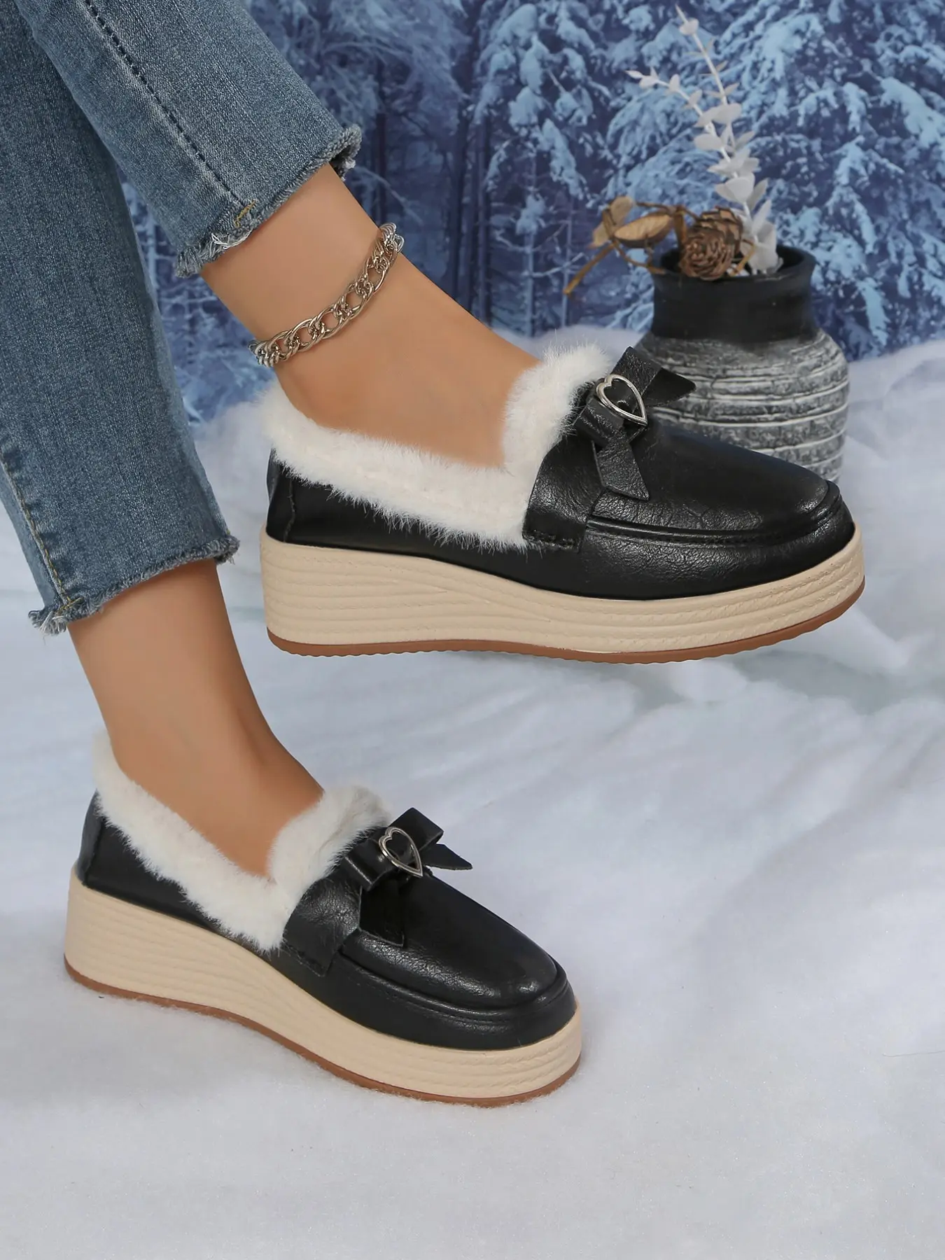 Women's Heart Bow Half Slipper, Fuzzy Lined Warm Thick Sole Mule Shoes, Fall Winter Outdoor Lazy Cotton Slippers