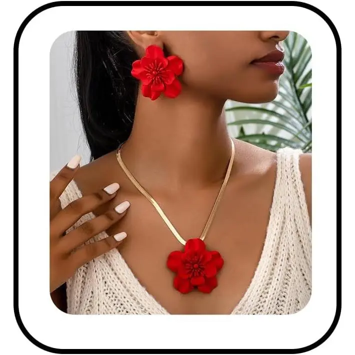 Flower Necklace Earring Set  Snake Chain Necklace Bohemian Red  Choker Necklaces  Statement Flower Stud Earrings Elegant Bridal Wedding Summer Beach
