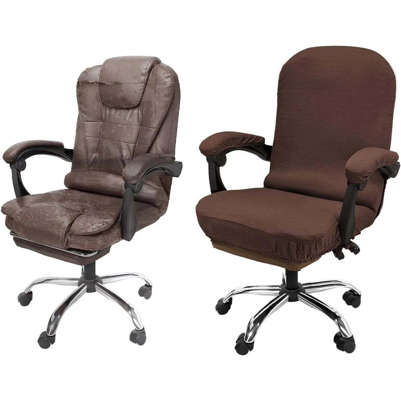 Stretchable Office Chair Cover with Armrest Covers – High-Back Desk Chair Slipcover, Checked Jacquard Fabric, Washable (Large Size, Coffee)