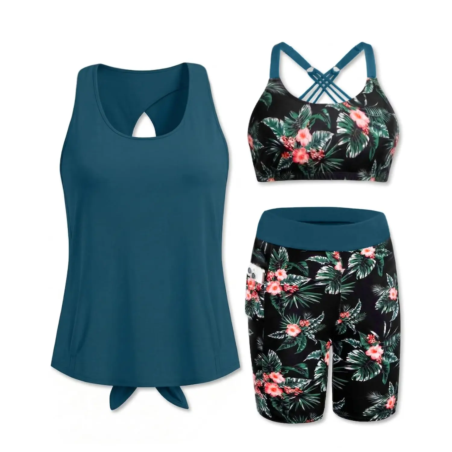 Daci Women Three Piece Tankini Swimsuits - Athletic Swim Tank Top with Bra Bathing Suit with Shorts Modest Swimwear