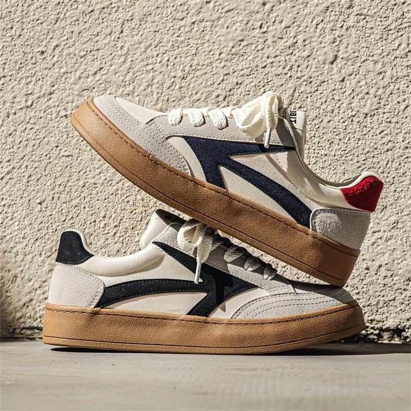 Men's Retro Color Block Thick-Soled Skate Shoes, Comfortable Non-Slip Durable Lace-Up Rubber Sole Canvas Sneakers, Men's Shoes