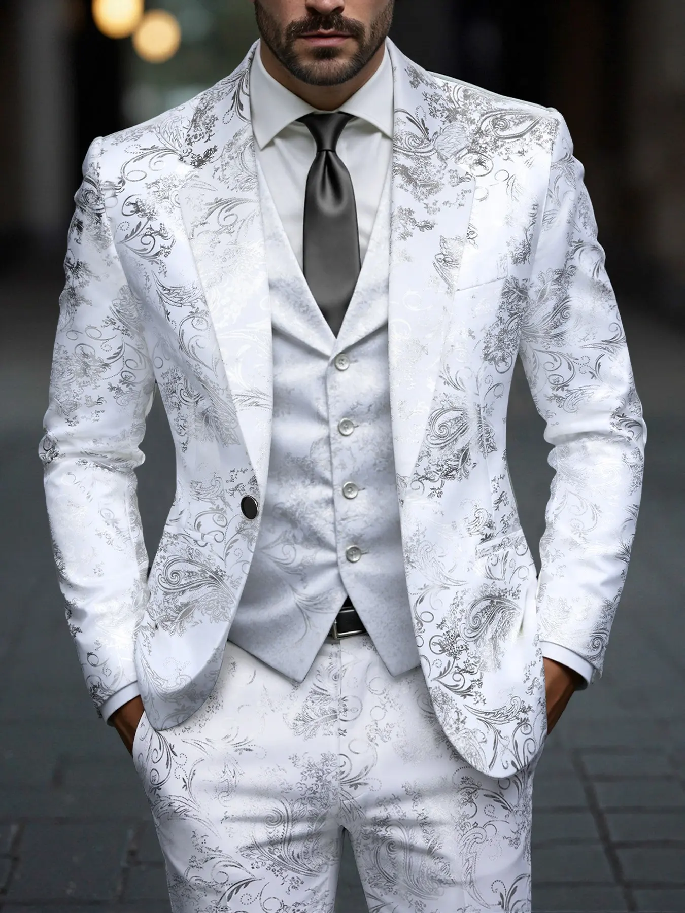 Men's One-Buckle Suit Jacket (only Top), Luxurious Silver Color Paisley Floral Blazer, Evening Outerwear for Weddings, Parties, Graduation Dances