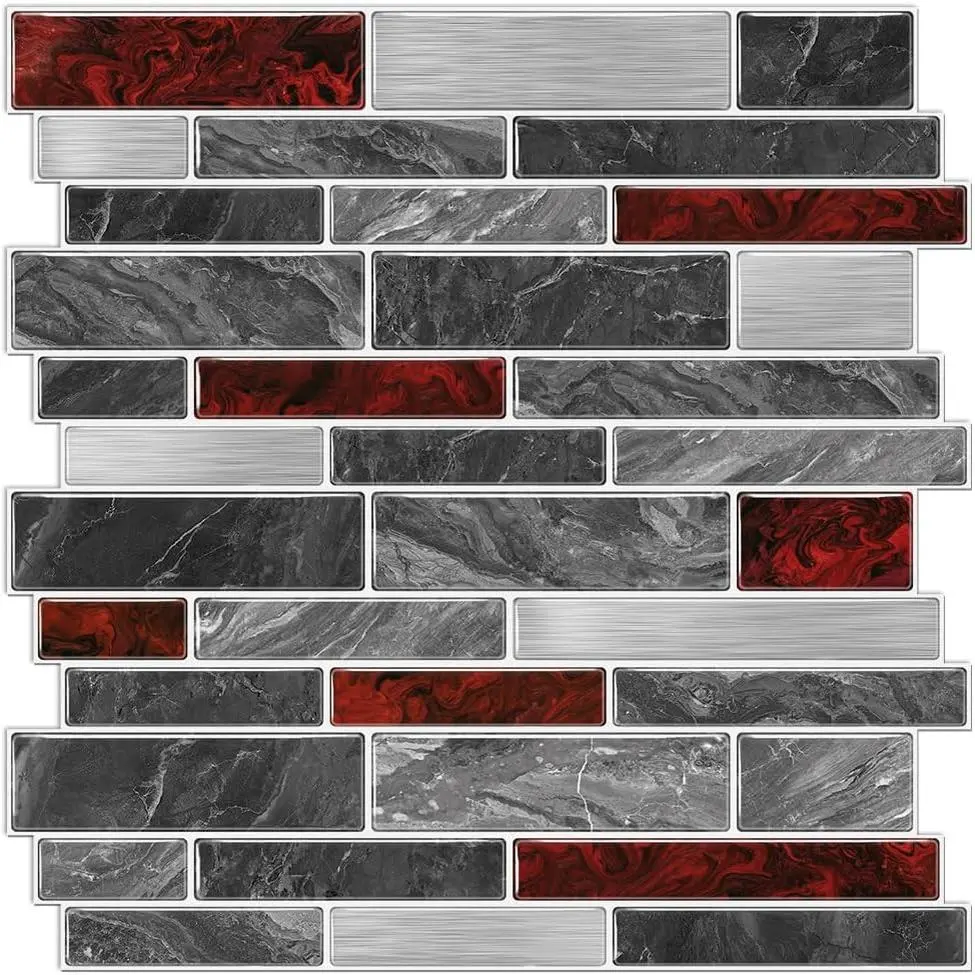 10 Sheets 12" x12inch Black and Red Marble Effect Vinyl Tiles, Backsplash, Self-Adhesive Peel and Stick Wall Tile Stickers, Stick  Subway Tiles for Kitchen Bathroom Wall Decor