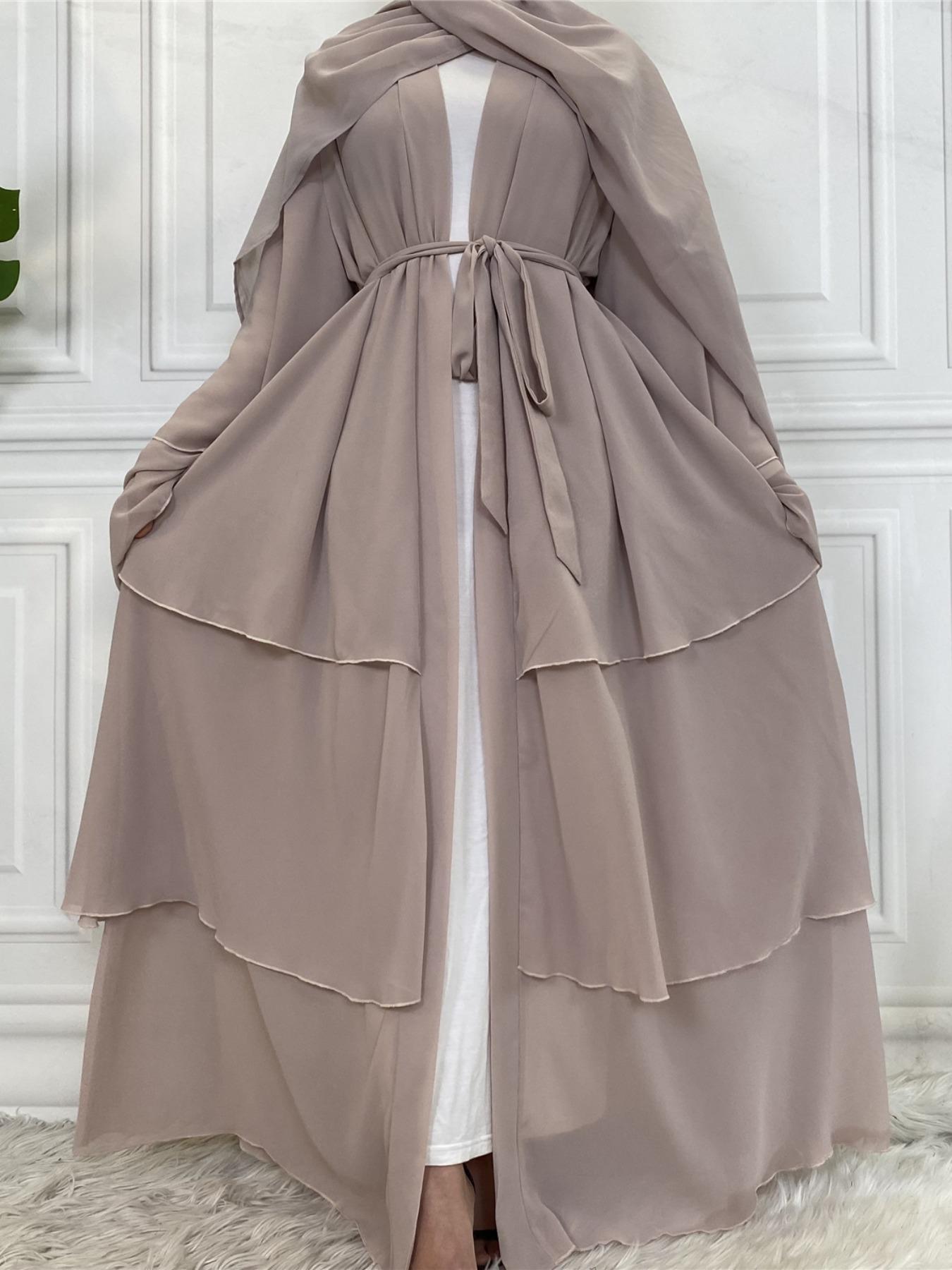 Spring Summer High-Quality Chiffon 3-Layer Eid Abaya with Belt, Modest Muslim Outfits, Casual Party Dress, Comfortable Breathable Fabric, Perfect for Weddings, Arab Wedding Attire, Modest Islamic Clothing