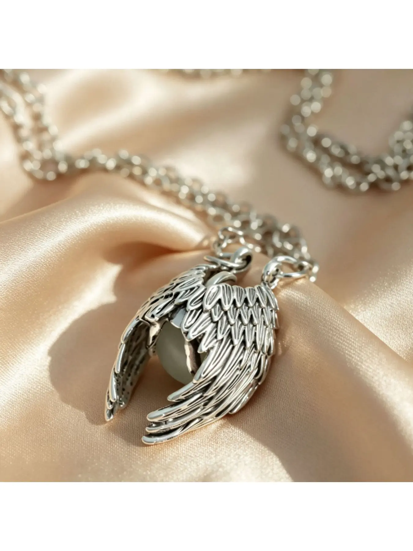 Silver Angel Wings Pendant Necklace - Pearl Bead Streetwear Jewelry for Men Women angel wings necklace, silver necklace edgy jewelry, mens necklace, womens necklace, fashion jewelry