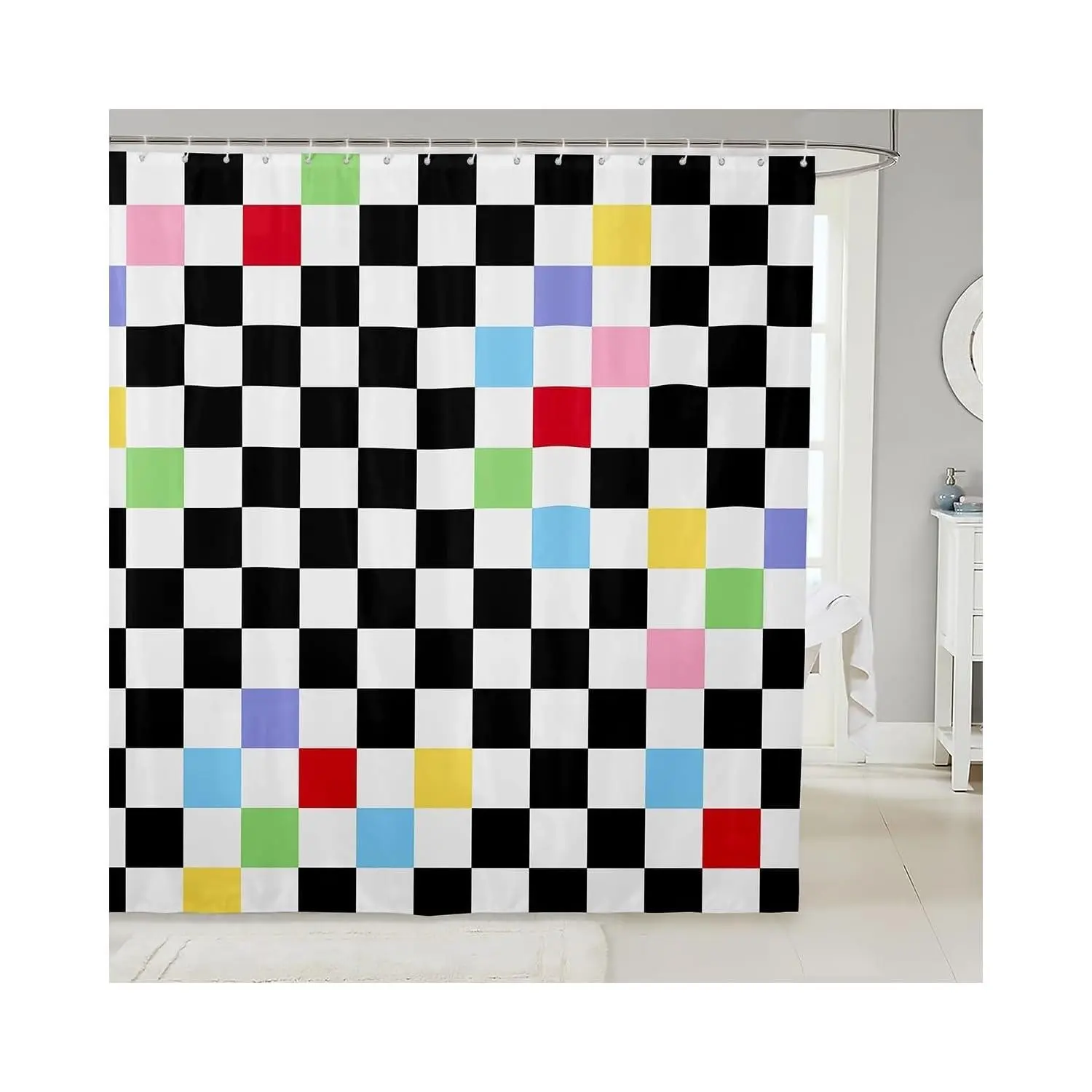 Modern Black & White Checkerboard Shower Curtain with Colorful Grid Lattice - Plaid Bath Curtain Suitable for Small Bathrooms, Durable, Easy-Clean, Machine Washable, 72"x72", Hooks Included, Elegant Bathroom Decor