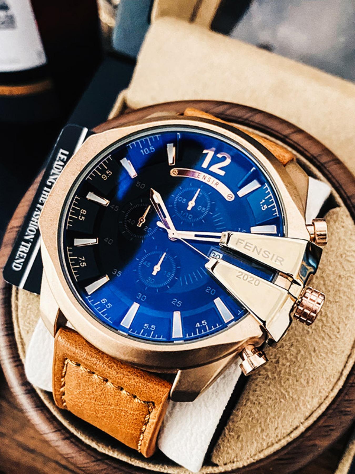 Men's Business Fashion Round Dial Analog Quartz Watch, Business Fashion Watches, Business Leather Watch for Party, Daily Clothing Decor, Trendy Exquisite Watch for Birthday Gift with Box