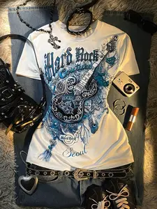Women's Blue Millennium Wind Guitar Print T-Shirt, Casual Street Fashion, Retro Comfortable, All Seasons, Fitted Style