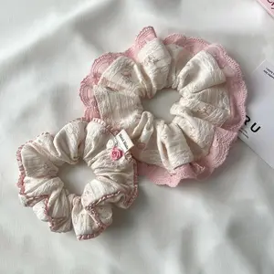 Sweet Girls Lace Trim Jacquard Fabric Scrunchies Ponytail Holder Hair Ties Elastic Hair Rope For Women Girls Hair Accessories