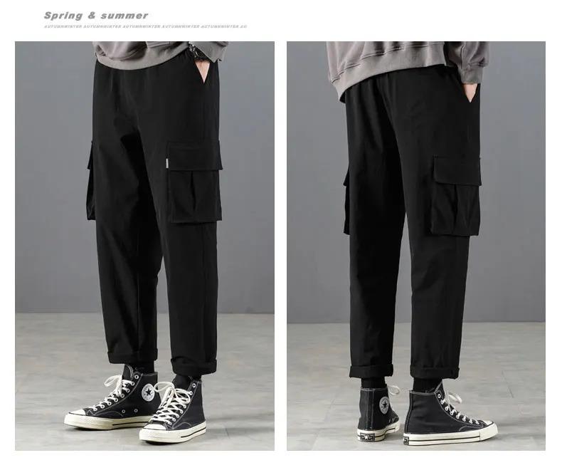 Casual work pants men's spring and autumn Japanese style Hong Kong style straight leg men's pants with multiple pockets, trendy black men's fashion brand ins loose paratrooper casual pants, thick American logging ankle pants