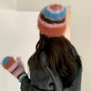 Y2K Colourful Hat Gloves Two Piece Set Fashion Ins Style Korean Casual Mohair Knitted Hat Unisex Colourful Trendy Gloves Hat