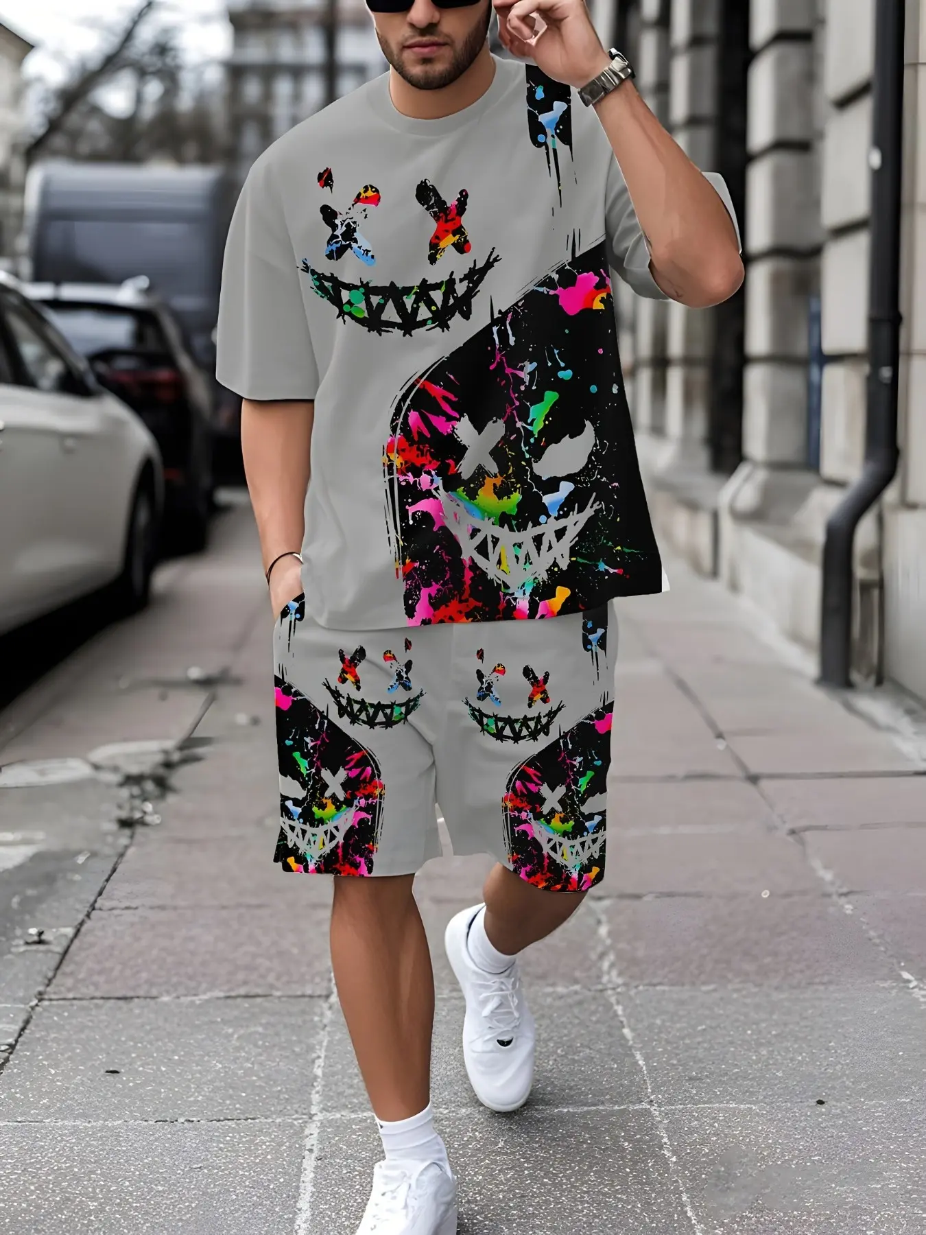 Trendy streetwear men's complete outfit, fun dark grimace graffiti print, versatile short sleeved shorts for home and outdoor wear