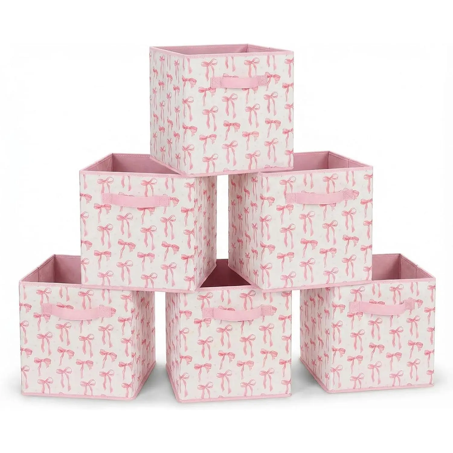 6 count  Bow Cube Storage Bins 12.5 Inch  Storage Basket with Handle, Preppy Girls Organizer Basket, Collapsible Fabric Box for Classroom Bedrooms Office  Decoration (Bow)