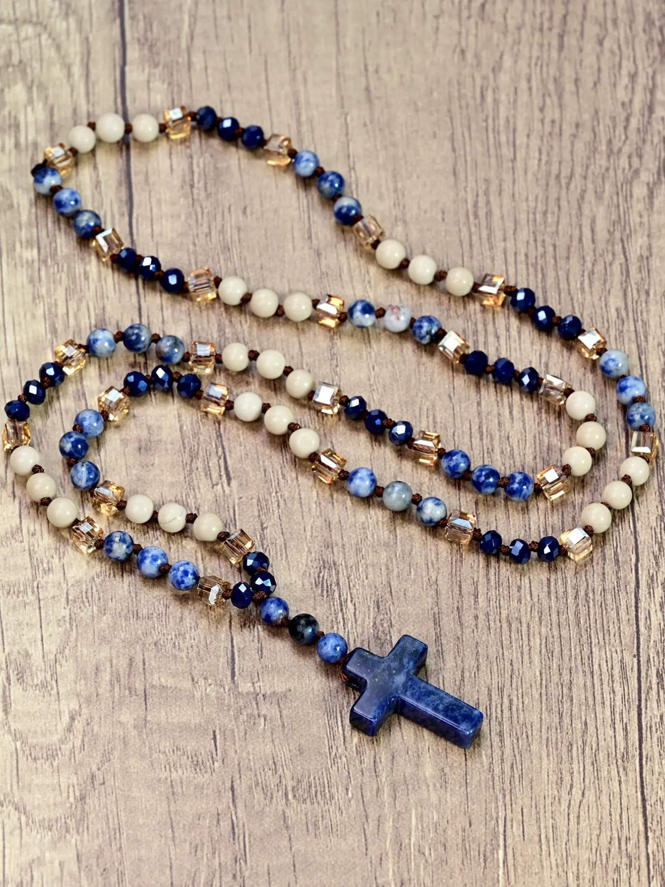 Blue Sodalite Cross Necklace, Boho Style Handmade Braided Natural Stone Pendant, Long Prayer Meditation Jewelry, Couple Necklace
