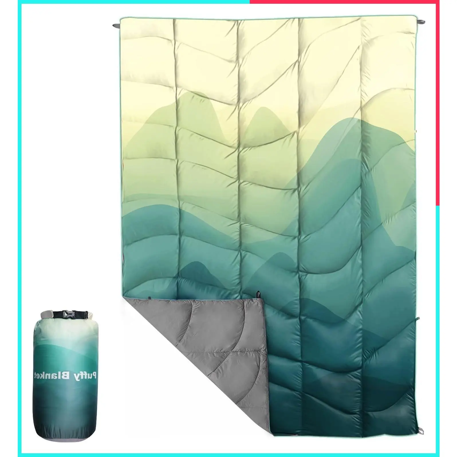 Outdoor Puffy Camping Blanket, Large Waterproof 55x79'', Lightweight Down Alternative Printed Warm Packable Quilt for Travel, Picnic, Beach, Cold Weather, Green Mountain