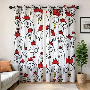 Digital Print Semi-Sheer Drapes, Hand-Drawn Funny Chicken Pattern, Polyester Privacy Curtain, 250gsm, Home Decor, Hotel Use