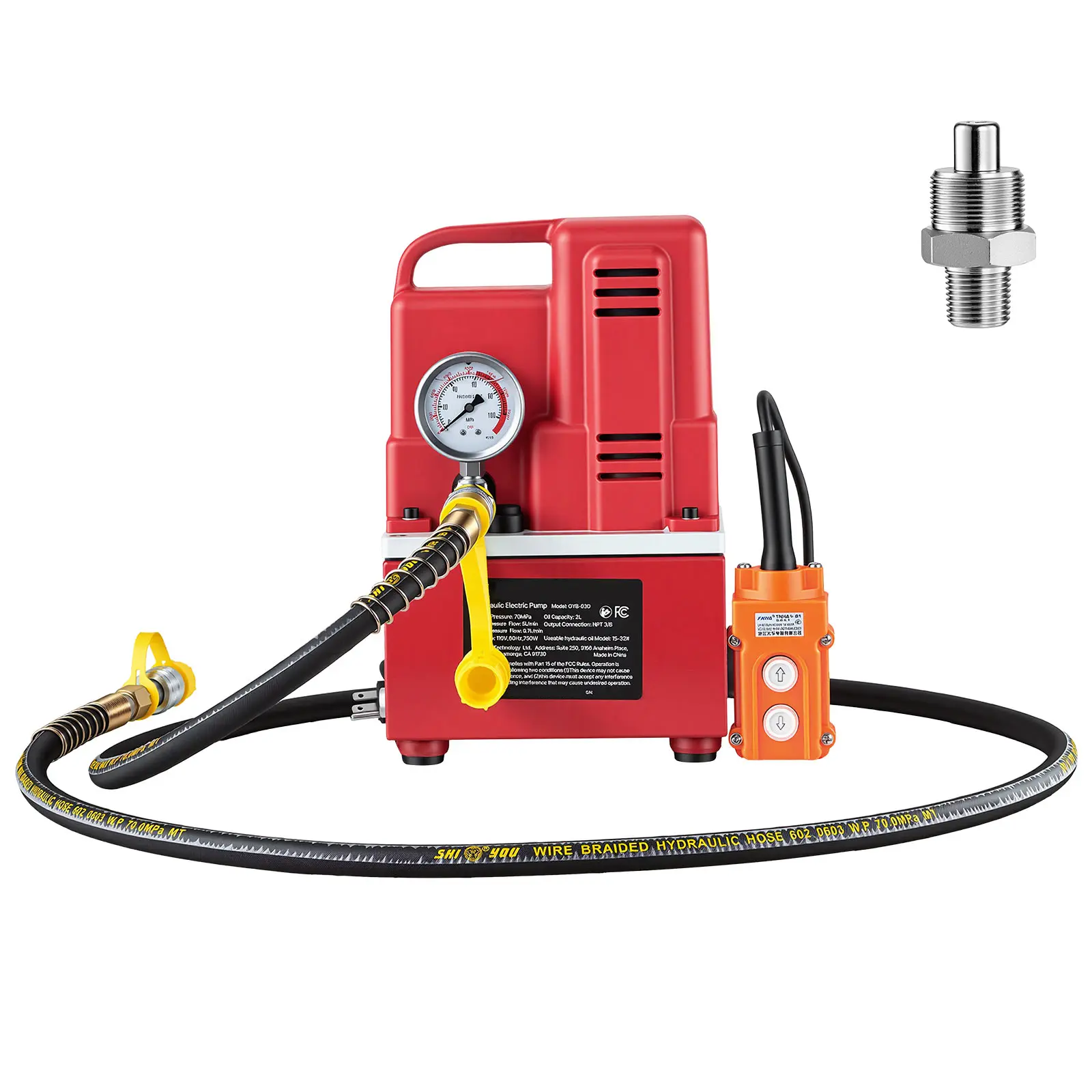Electric Hydraulic Pump, with Solenoid Valve, 5 L/min Max Flow Rate, 750W Power, 8.2 ft High-Pressure Hose
